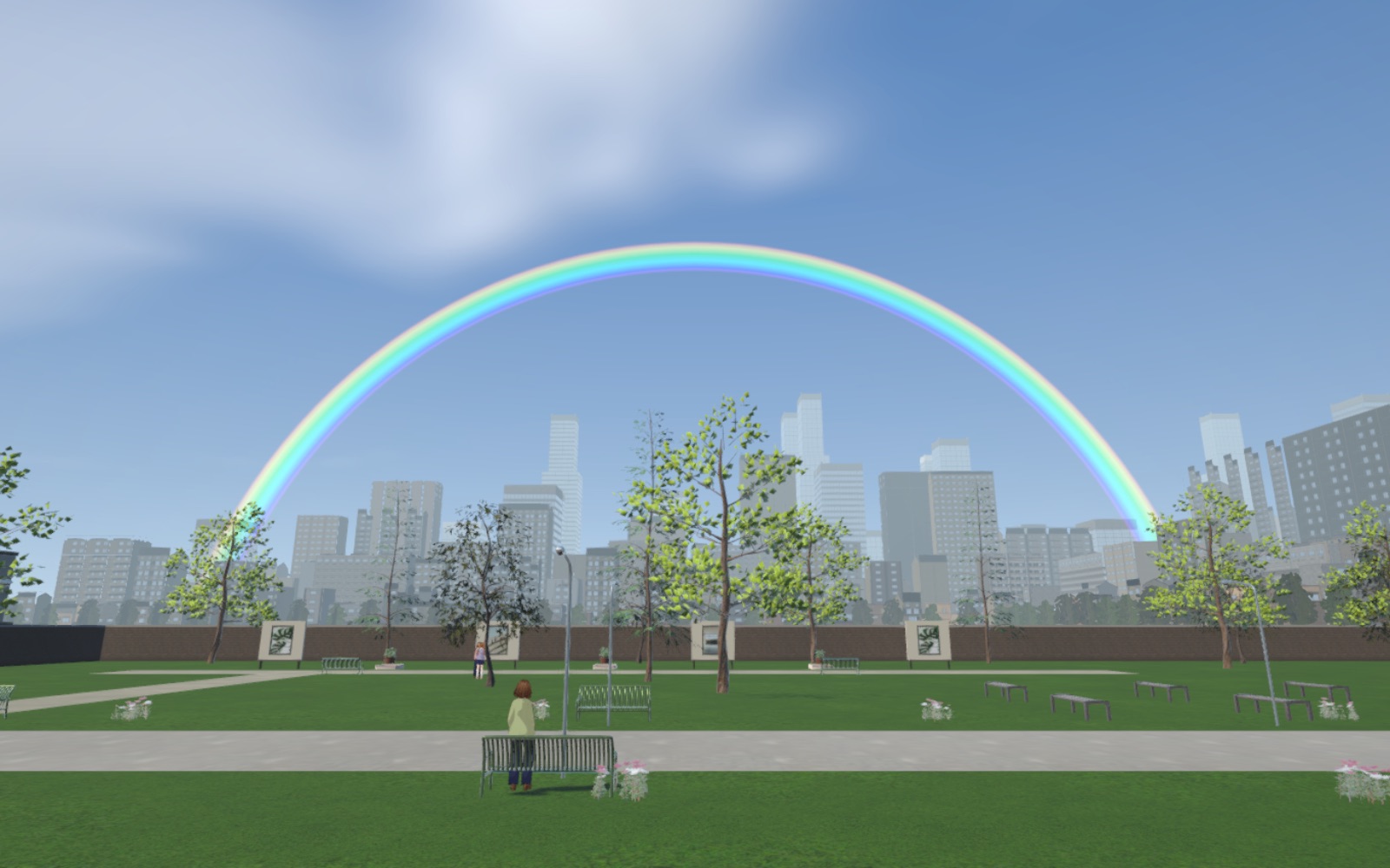소나기가 그친 공원 위로 무지개가 크게 걸려 있다. 잔디밭 벤치에 주민이 앉아 있다.